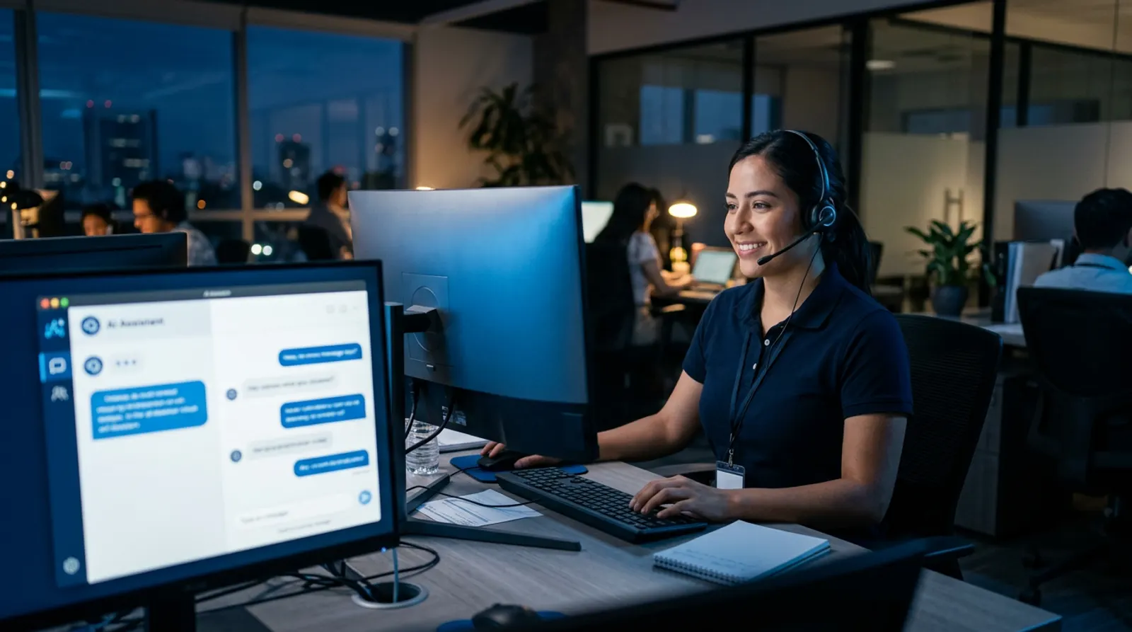 Customer service agent with a headset while an AI assistant suggests replies on screen.