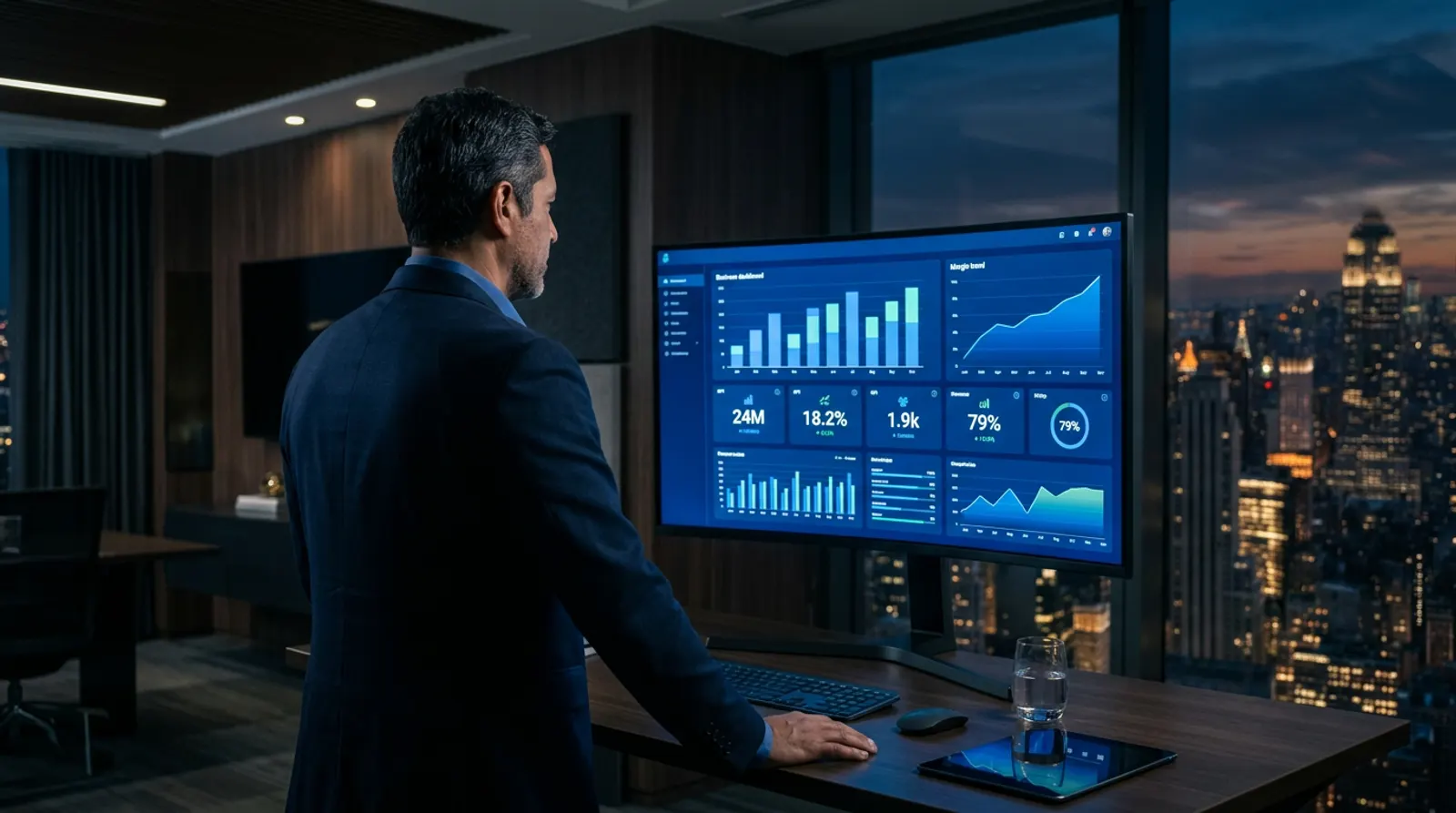 Business owner reviewing a dashboard with sales, margin and KPIs in his office.