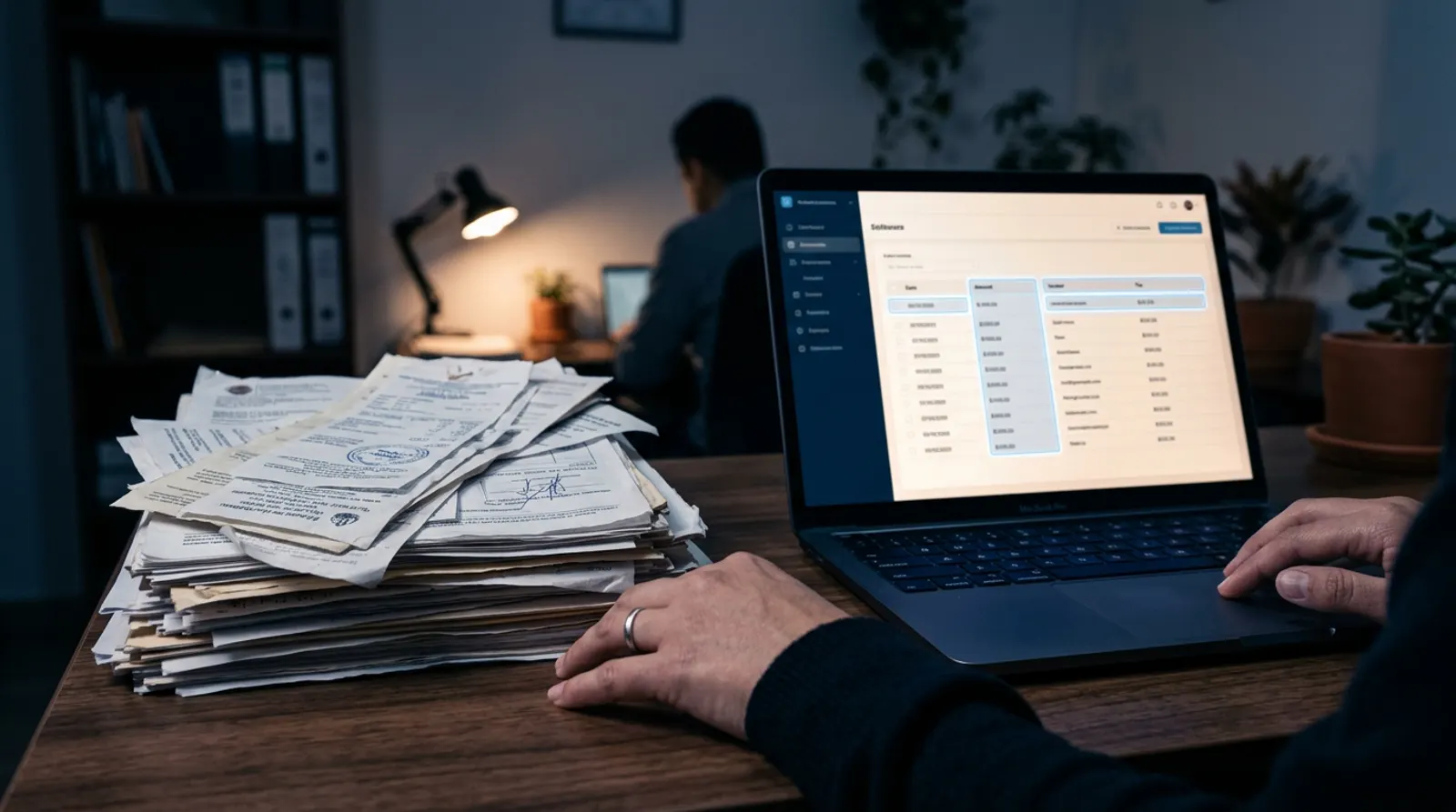 Paper invoices next to a laptop where the data already appears captured automatically.