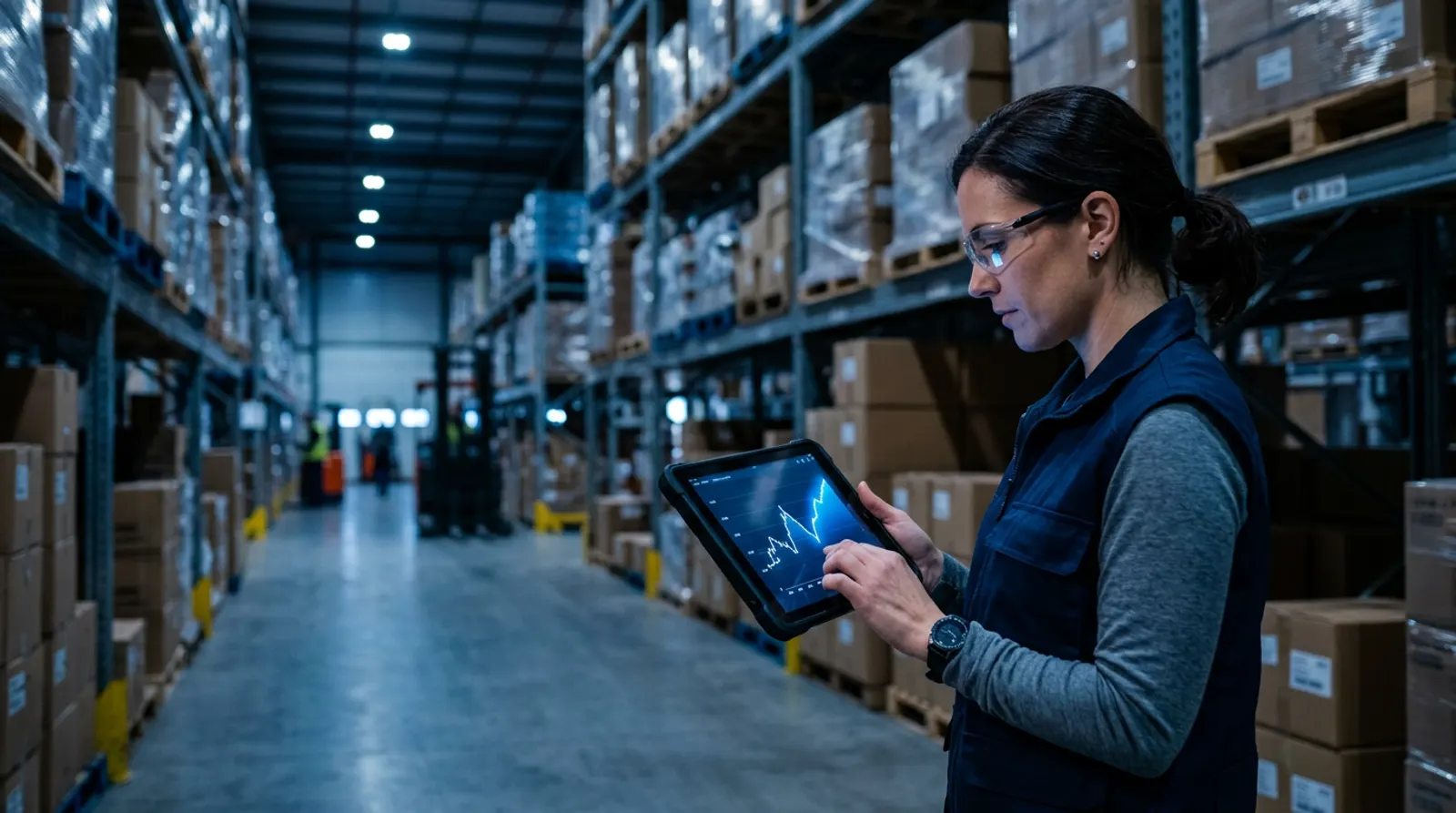 Warehouse manager reviewing a demand forecast on a tablet.